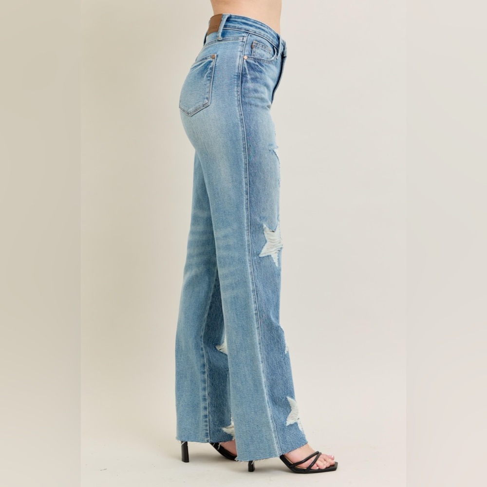 Judy Blue High Waist Rigid Magic Star Shaped Destroy 90's Straight Jeans - Picture 9 of 9
